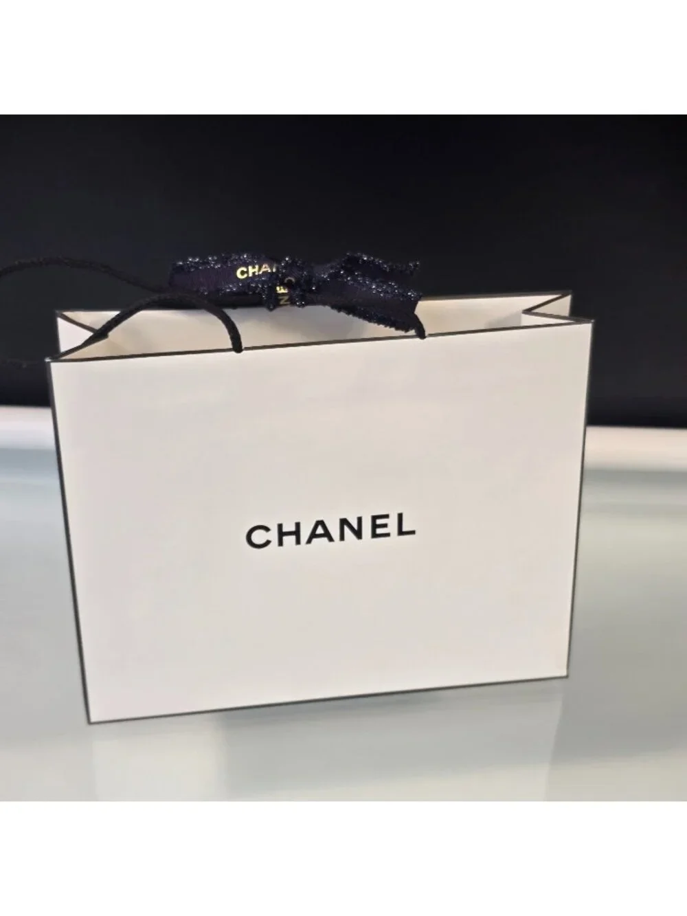 CHANEL White Paper Gift Tote Bag with Black Ribbon Classic Style 10